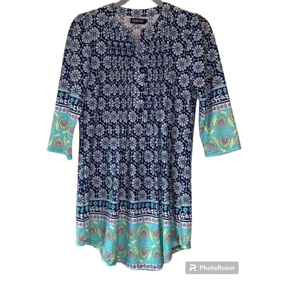 Reborn Dress Size S Women Blue Green Geometric Mandrin Collar Pintuck Pleats